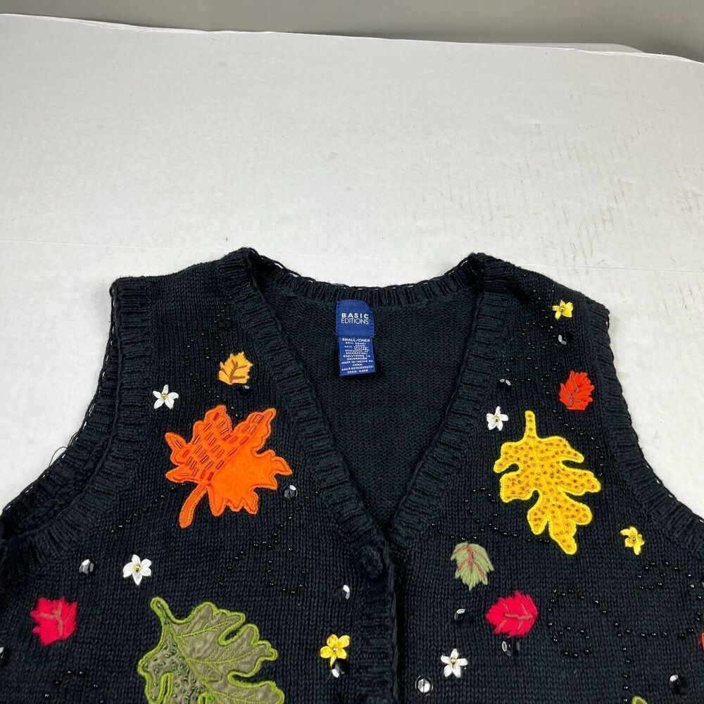 Basic Editions Embroidered Sweater Vest Fall Leaf… - image 3